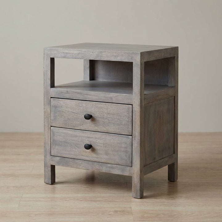 Acid Wash 2 Drawer Open Nightstand - Solid Mango Wood Bedside Table for Bedroom - main view showing handcrafted solid...