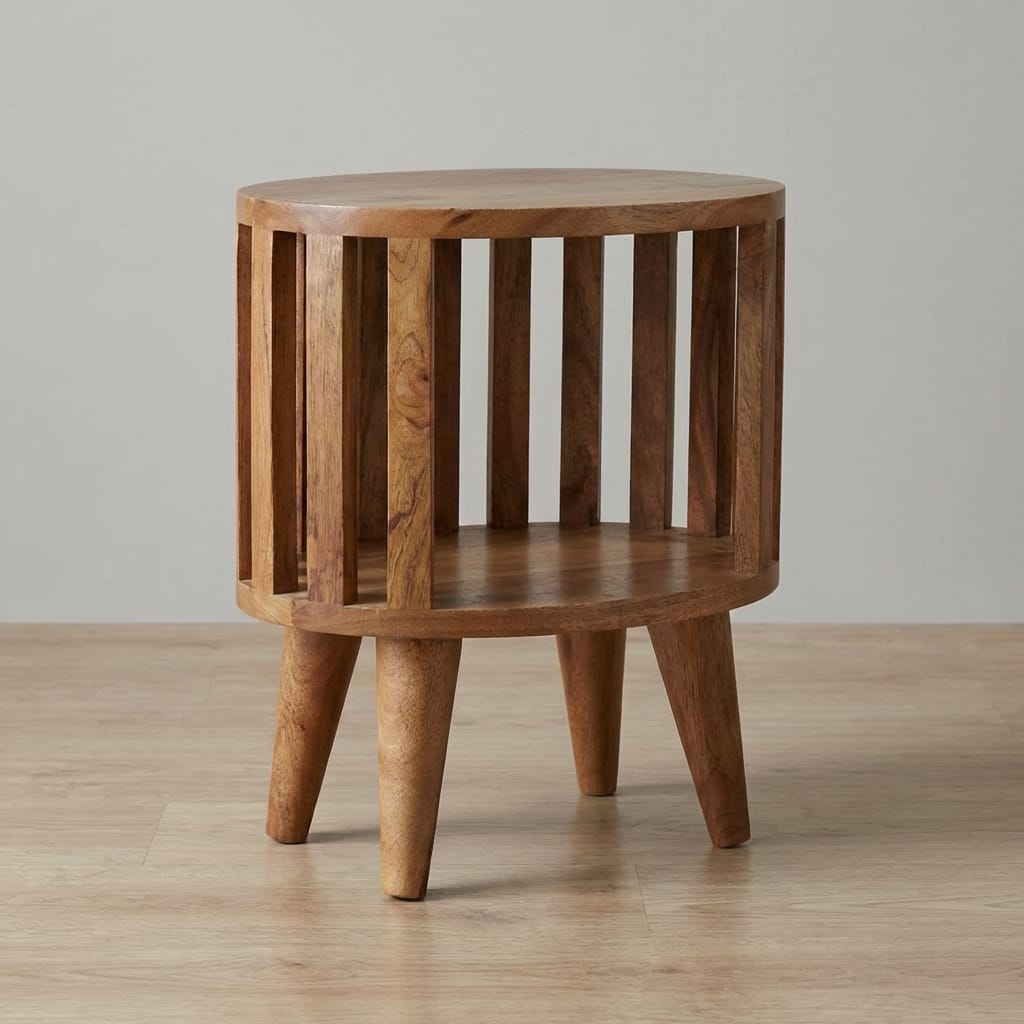 Ariella Single Shelf Nightstand - Solid Mango Wood Bedside Table for Bedroom - main view showing handcrafted solid mango...