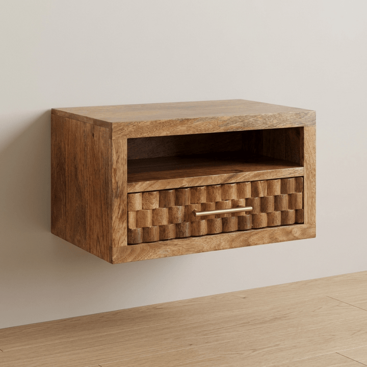 Arno Floating Nightstand - Solid Mango Wood Bedside Table for Bedroom - main view showing handcrafted solid mango wood...