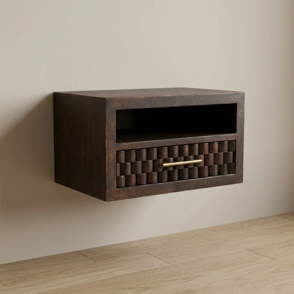 Arno Floating Nightstand - Solid Mango Wood Bedside Table for Bedroom - main view showing handcrafted solid mango wood...