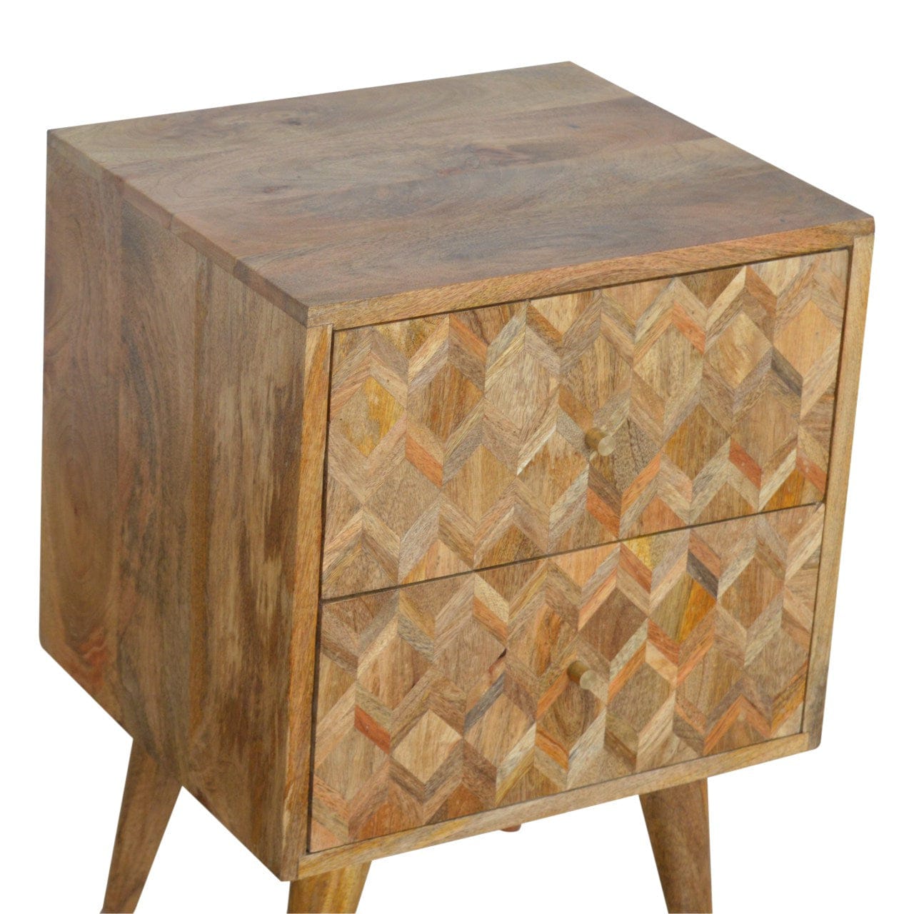 Assorted Oak-ish Nightstand - Solid Mango Wood Bedside Table for Bedroom - product view 3 showing handcrafted solid mango...