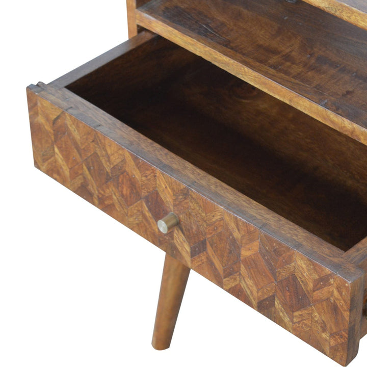 Assorted Open Chestnut Nightstand - Solid Mango Wood Bedside Table for Bedroom - product view 6 showing handcrafted solid...