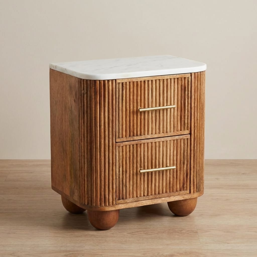 Aurora Marble Top Nightstand - Solid Mango Wood Bedside Table for Bedroom - main view showing handcrafted solid mango...