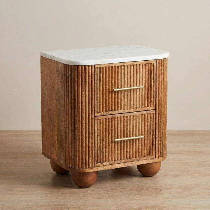 Aurora Marble Top Nightstand - Solid Mango Wood Bedside Table for Bedroom - main view showing handcrafted solid mango...