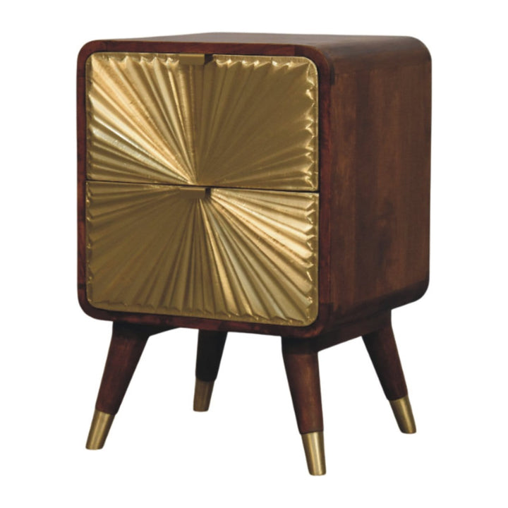 Avora Brass Embossed 2 Drawer Chestnut Nightstand - Solid Mango Wood Bedside Table for Bedroom - product view 3 showing...