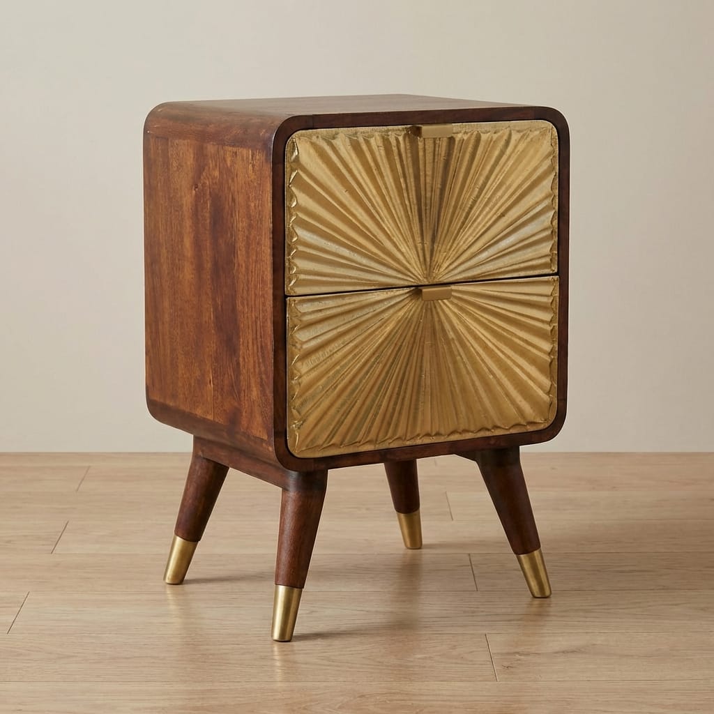 Avora Brass Embossed 2 Drawer Chestnut Nightstand - Solid Mango Wood Bedside Table for Bedroom - main view showing...