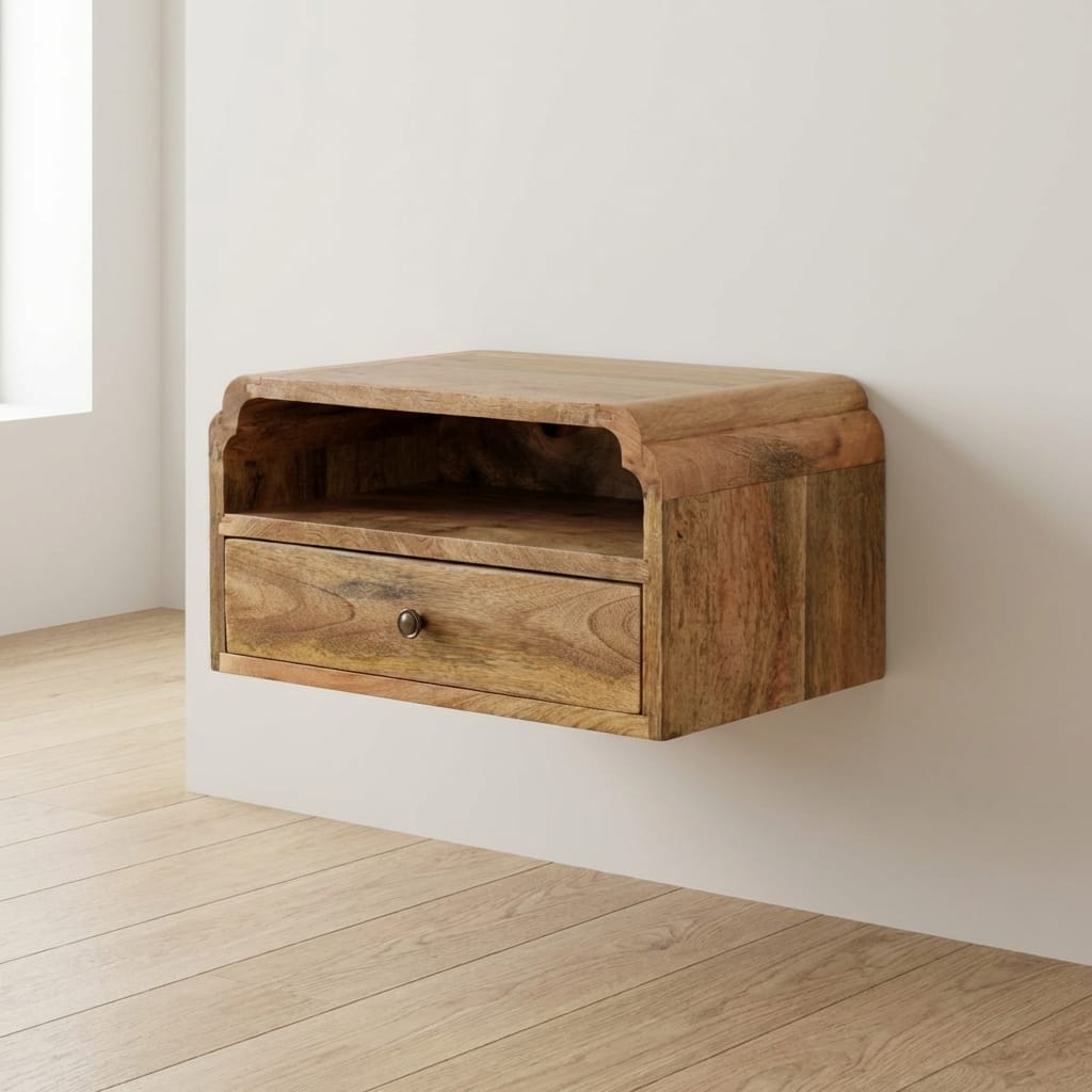 Avora Floating Nightstand - Solid Mango Wood Bedside Table for Bedroom - main view showing handcrafted solid mango wood...