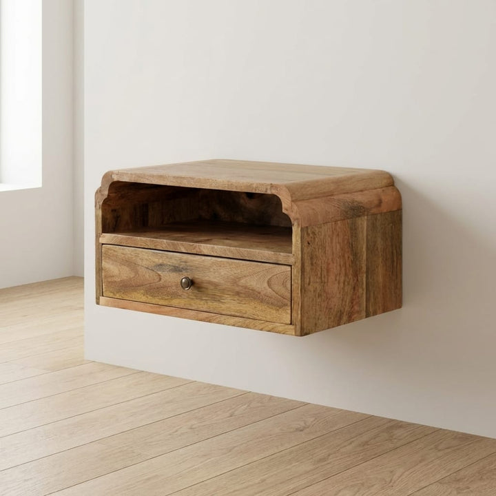 Avora Floating Nightstand - Solid Mango Wood Bedside Table for Bedroom - main view showing handcrafted solid mango wood...