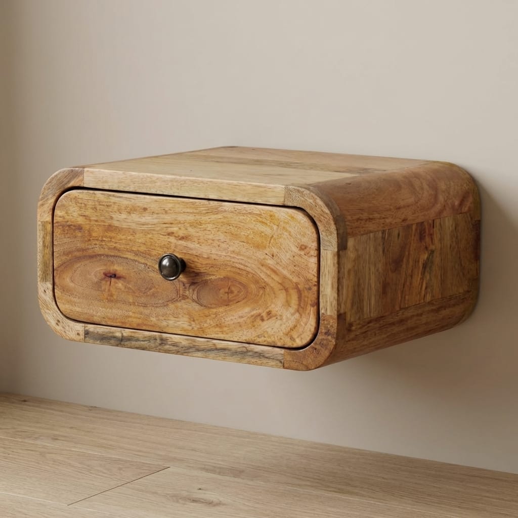 Avora Mini Wall-Mounted Oak-ish 1 Drawer Nightstand - Solid Mango Wood Bedside Table for Bedroom - main view showing...