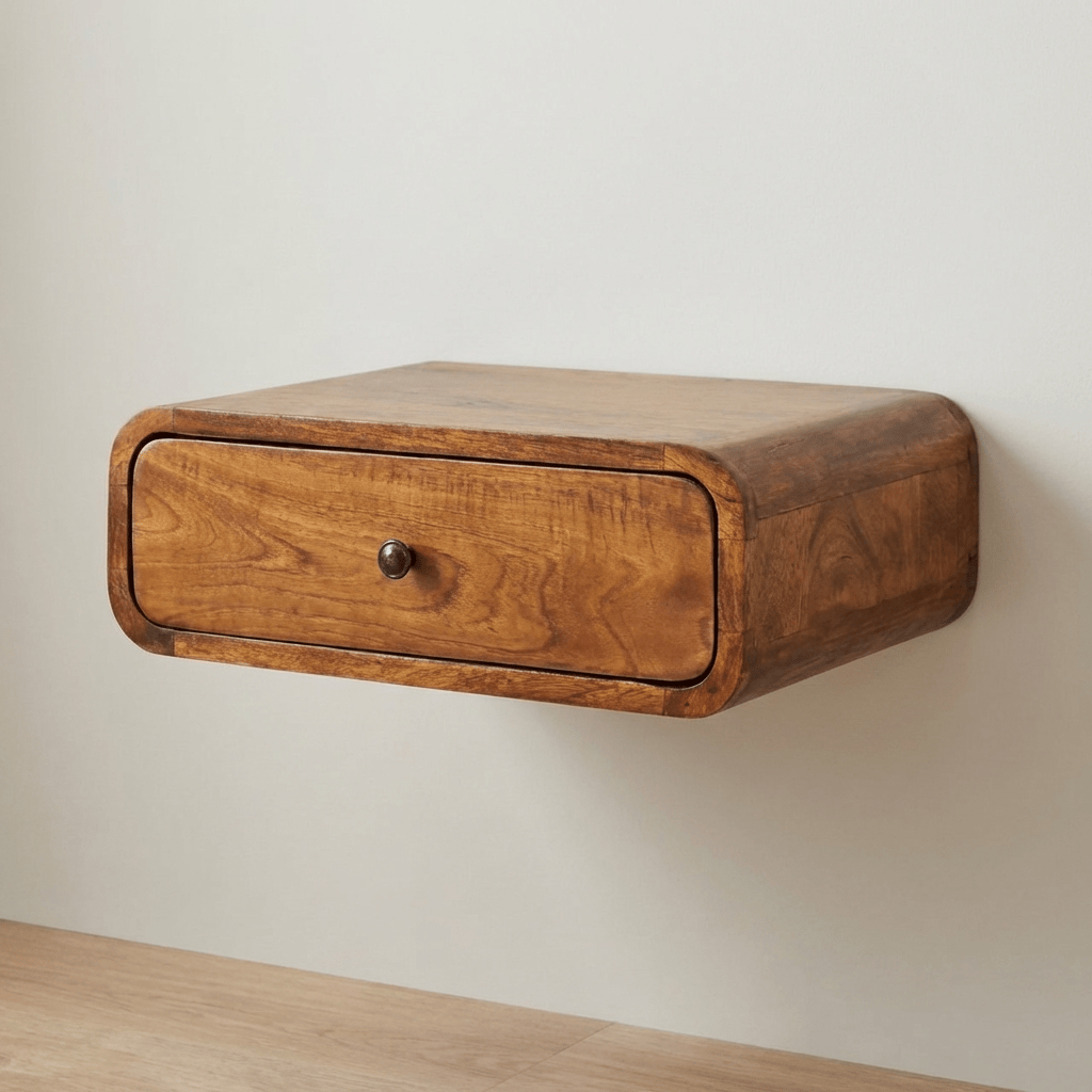 Avora Wall-Mounted Chestnut 1 Drawer Nightstand - Solid Mango Wood Bedside Table for Bedroom - main view showing...