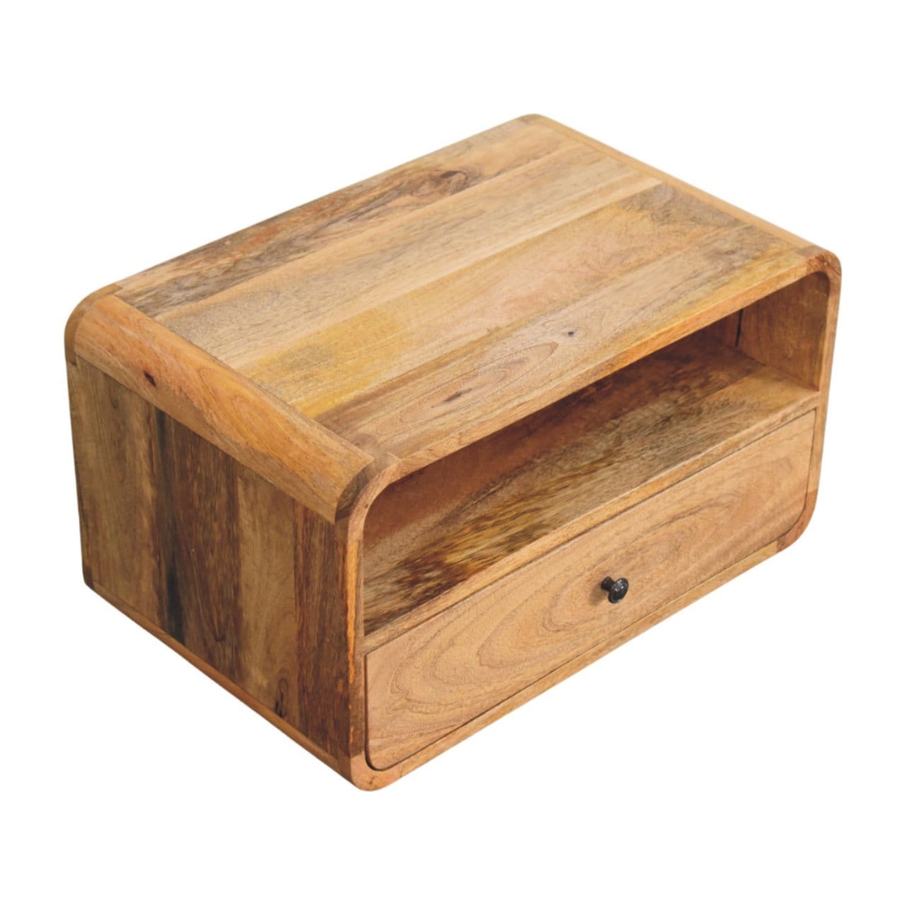 Avora Wall-Mounted Oak-ish Nightstand - Solid Mango Wood Bedside Table for Bedroom - product view 6 showing handcrafted...