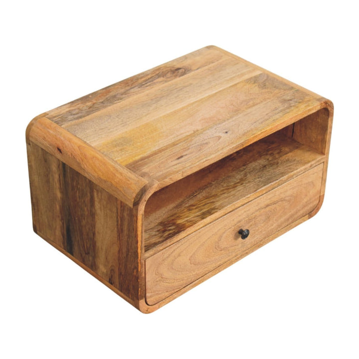 Avora Wall-Mounted Oak-ish Nightstand - Solid Mango Wood Bedside Table for Bedroom - product view 6 showing handcrafted...