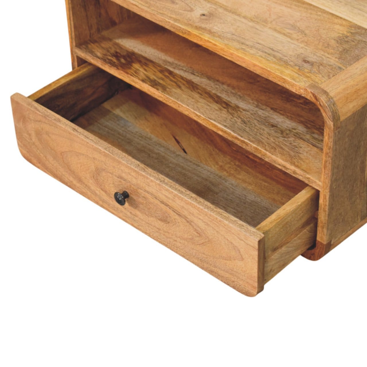 Avora Wall-Mounted Oak-ish Nightstand - Solid Mango Wood Bedside Table for Bedroom - product view 5 showing handcrafted...
