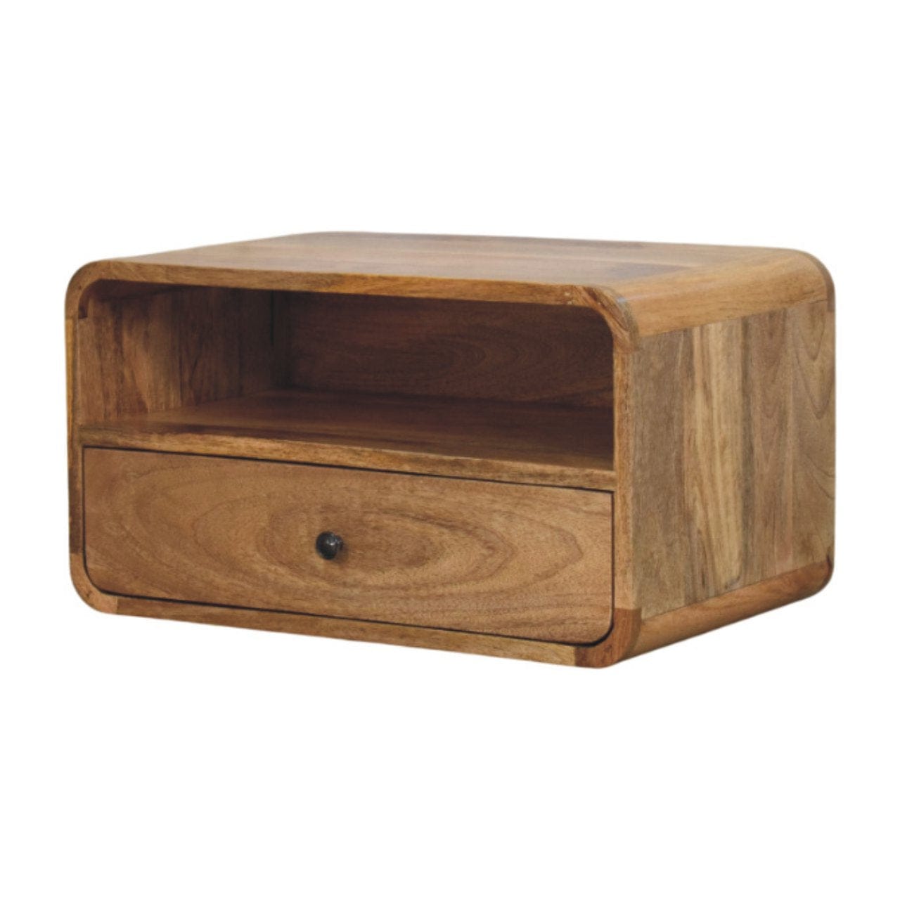 Avora Wall-Mounted Oak-ish Nightstand - Solid Mango Wood Bedside Table for Bedroom - main view showing handcrafted solid...