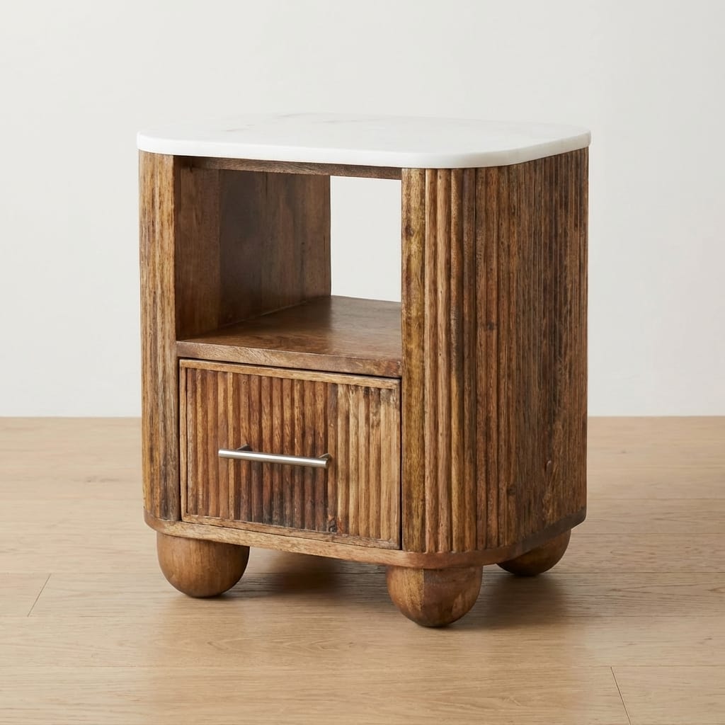 Beaumont Marble Nightstand - Solid Mango Wood Bedside Table for Bedroom - main view showing handcrafted solid mango wood...