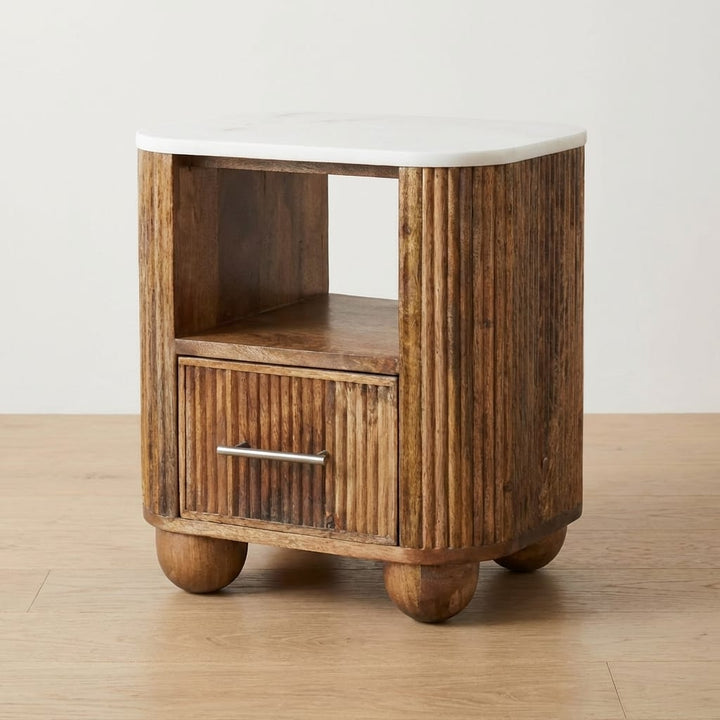 Beaumont Marble Nightstand - Solid Mango Wood Bedside Table for Bedroom - main view showing handcrafted solid mango wood...