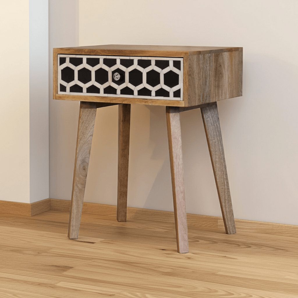 Bone Inlay Tapered Nightstand - Solid Mango Wood Bedside Table for Bedroom - main view showing handcrafted solid mango...
