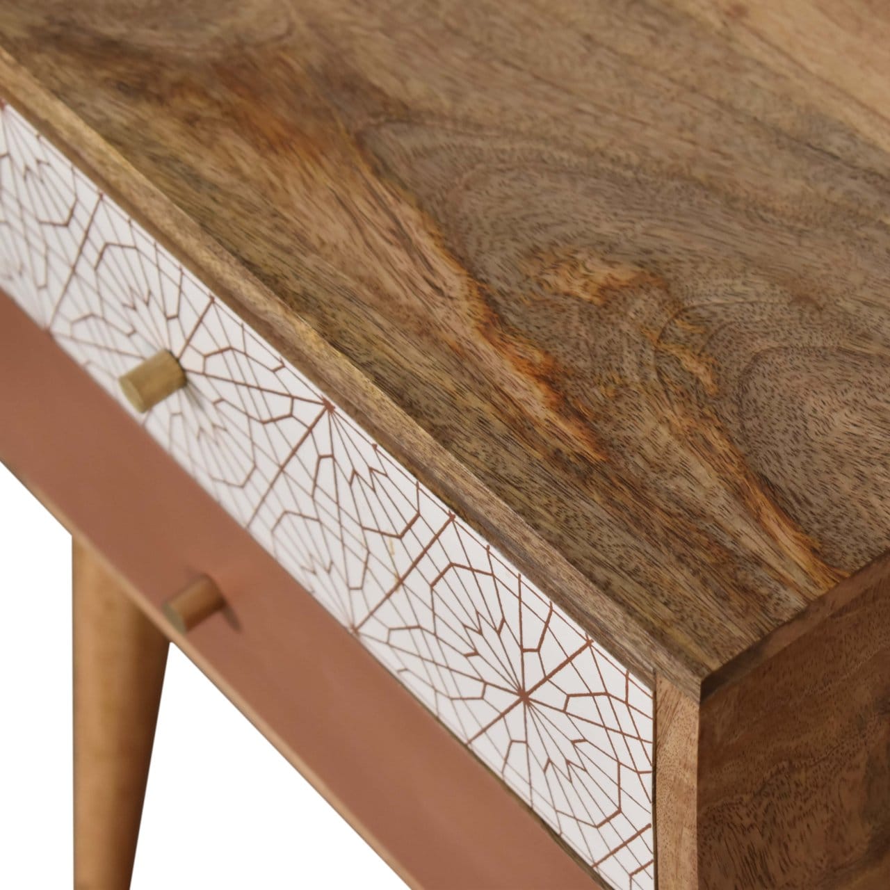 Brick Red Patterned Nightstand - Solid Mango Wood Bedside Table for Bedroom - product view 5 showing handcrafted solid...