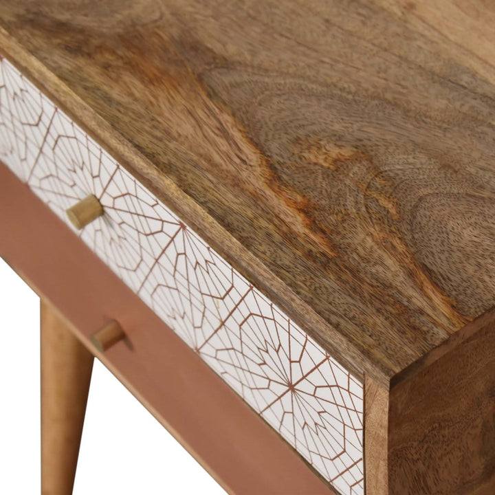 Brick Red Patterned Nightstand - Solid Mango Wood Bedside Table for Bedroom - product view 5 showing handcrafted solid...