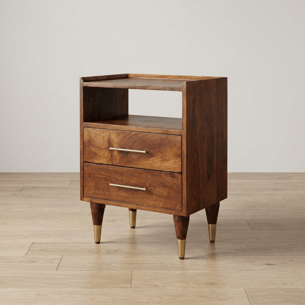 Camden Chestnut Nightstand - Solid Mango Wood Bedside Table for Bedroom - main view showing handcrafted solid mango wood...