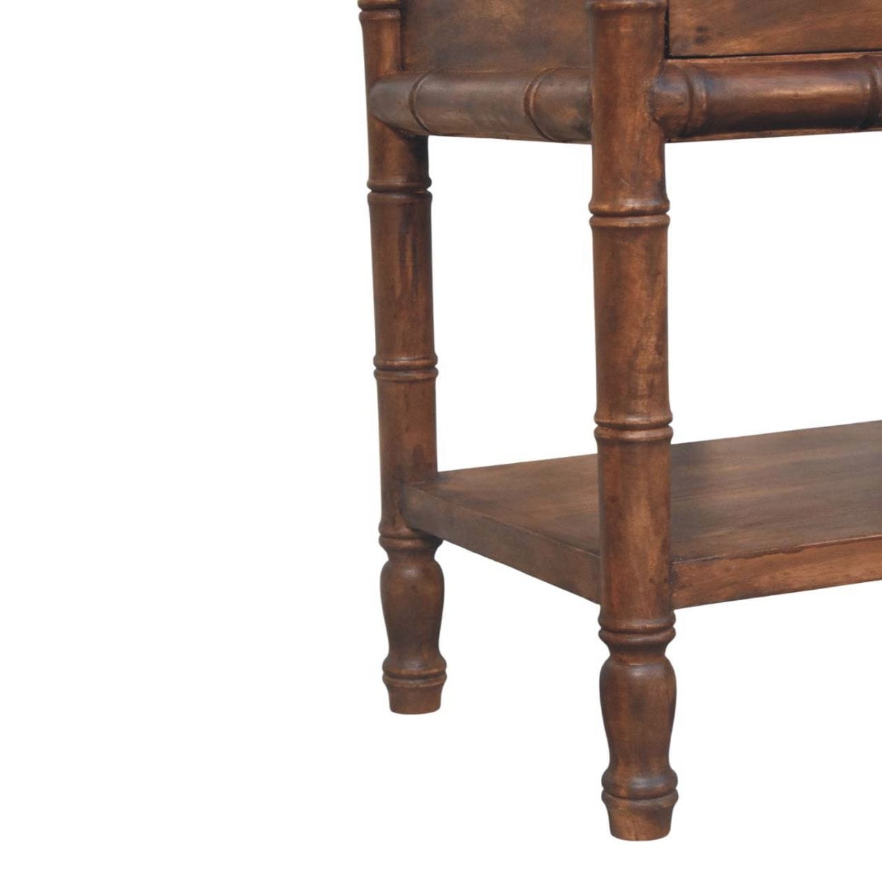 Carved Bamboo Nightstand - Solid Mango Wood Bedside Table for Bedroom - product view 7 showing handcrafted solid mango...