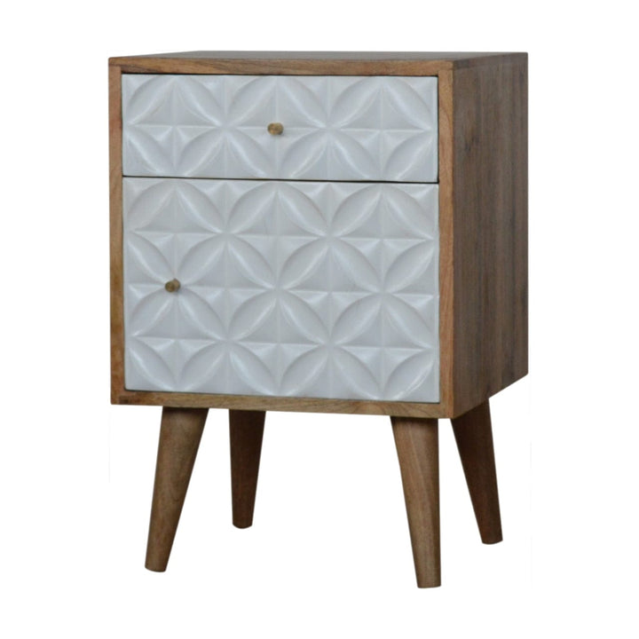 Carved Daisy 1 Door Nightstand - Solid Mango Wood Bedside Table for Bedroom - main view showing handcrafted solid mango...