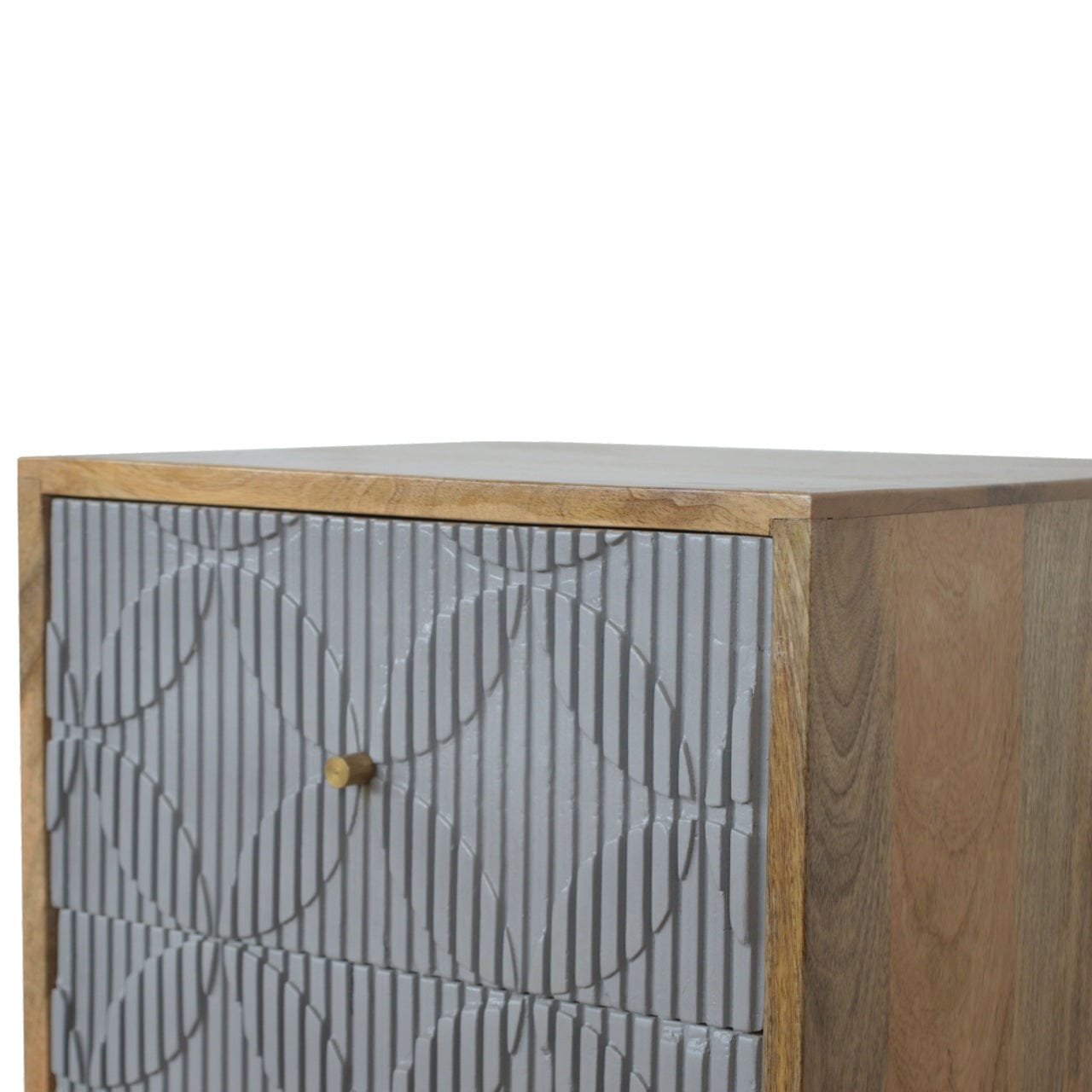 Carved Geometric Nightstand - Solid Mango Wood Bedside Table for Bedroom - product view 6 showing handcrafted solid mango...