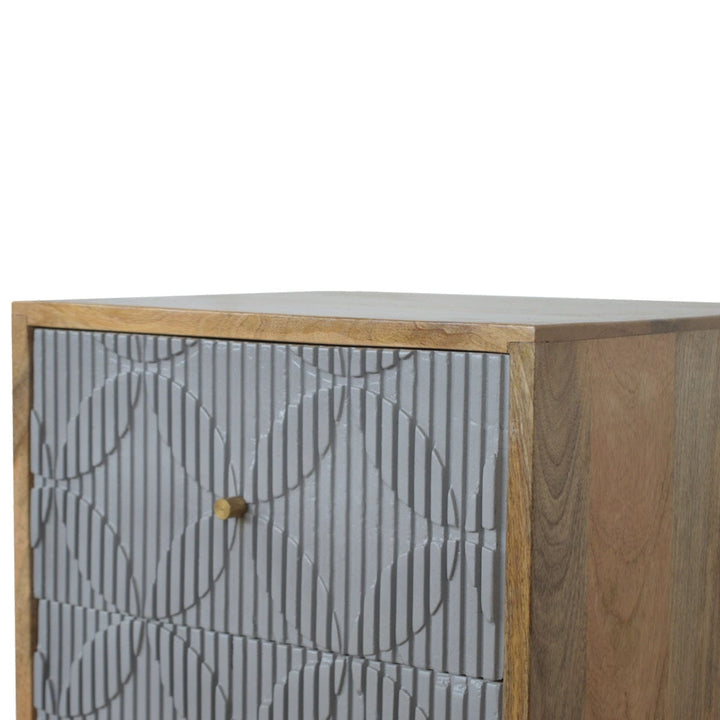 Carved Geometric Nightstand - Solid Mango Wood Bedside Table for Bedroom - product view 6 showing handcrafted solid mango...