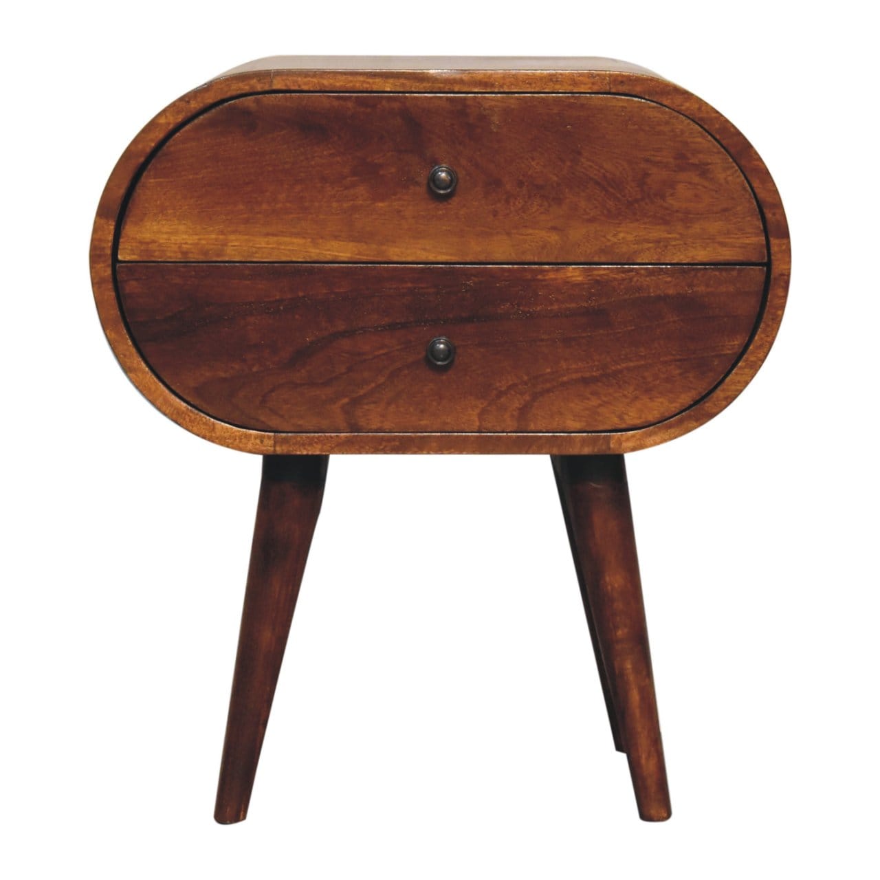 Chestnut Circular Nightstand - Solid Mango Wood Bedside Table for Bedroom - product view 3 showing handcrafted solid...