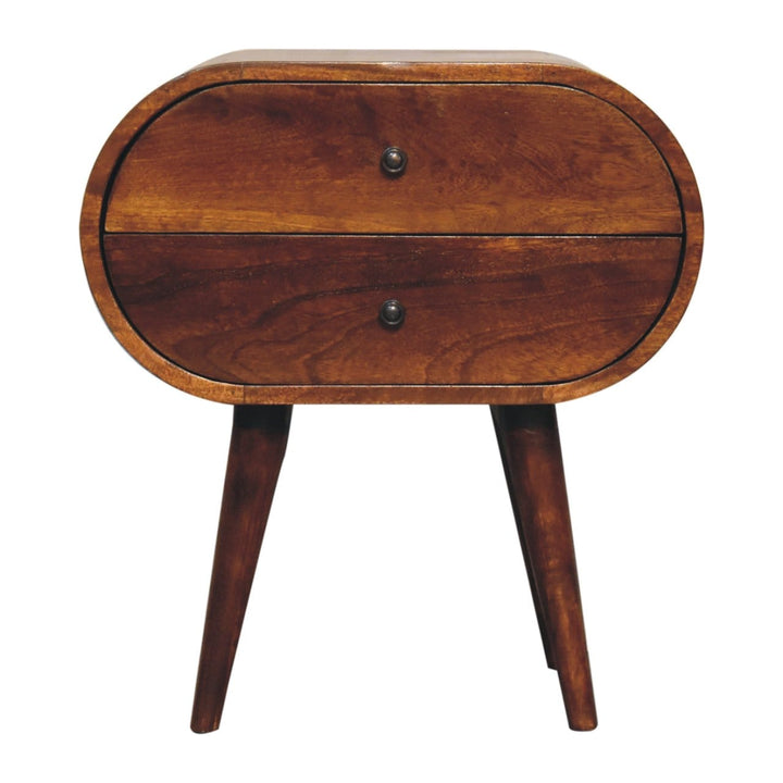 Chestnut Circular Nightstand - Solid Mango Wood Bedside Table for Bedroom - product view 3 showing handcrafted solid...