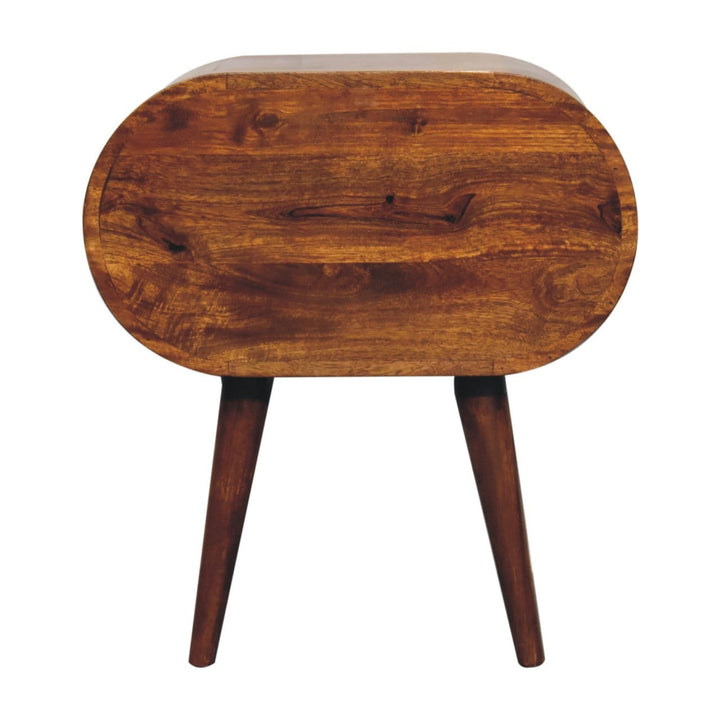 Chestnut Circular Nightstand - Solid Mango Wood Bedside Table for Bedroom - product view 2 showing handcrafted solid...