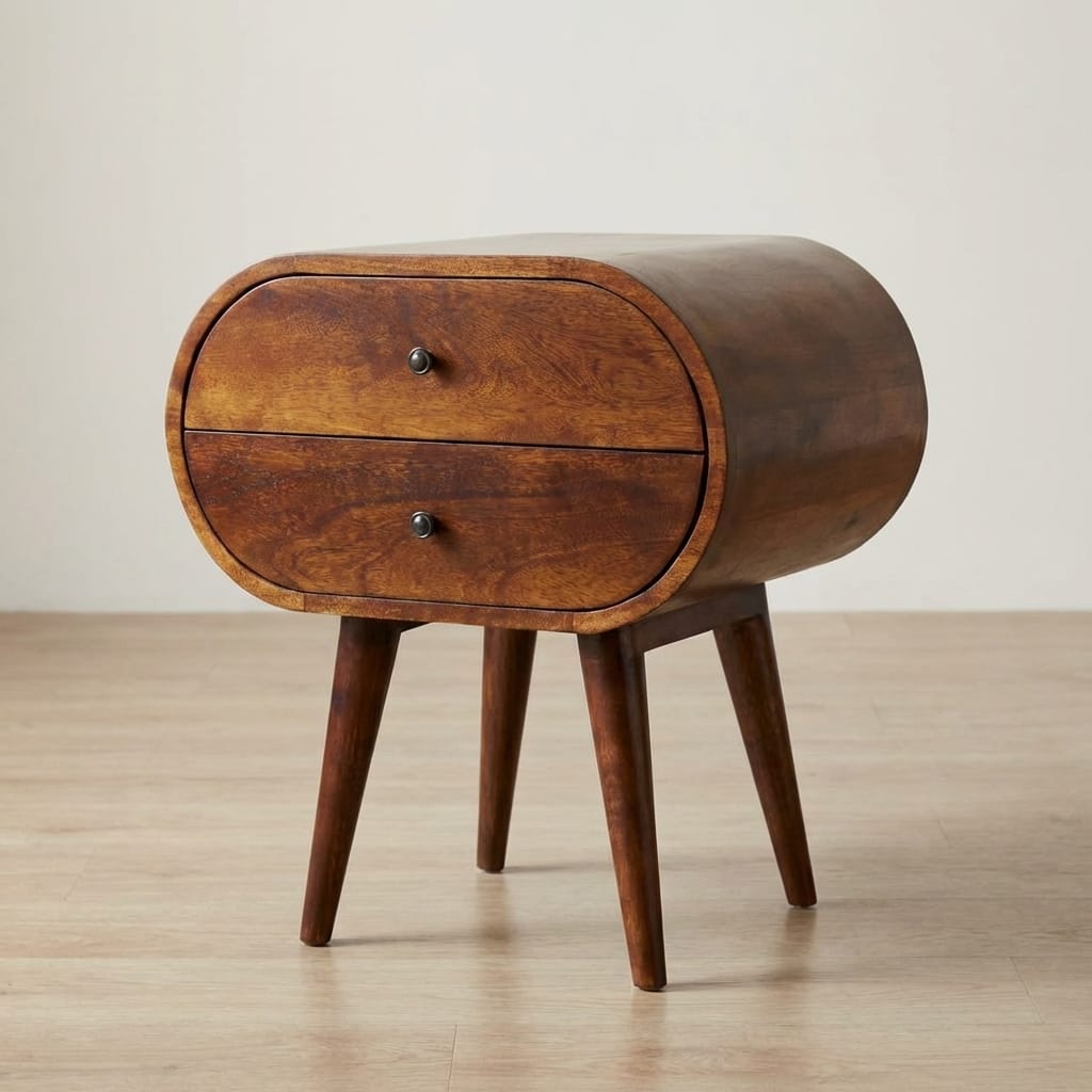Chestnut Circular Nightstand - Solid Mango Wood Bedside Table for Bedroom - main view showing handcrafted solid mango...