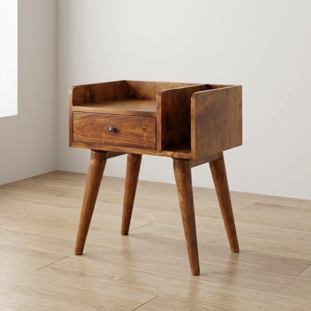 Chestnut Collective Nightstand - Solid Mango Wood Bedside Table for Bedroom - main view showing handcrafted solid mango...