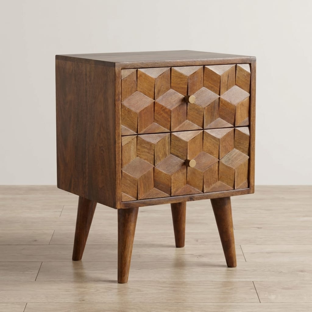 Chestnut Cube Carved Nightstand - Solid Mango Wood Bedside Table for Bedroom - main view showing handcrafted solid mango...