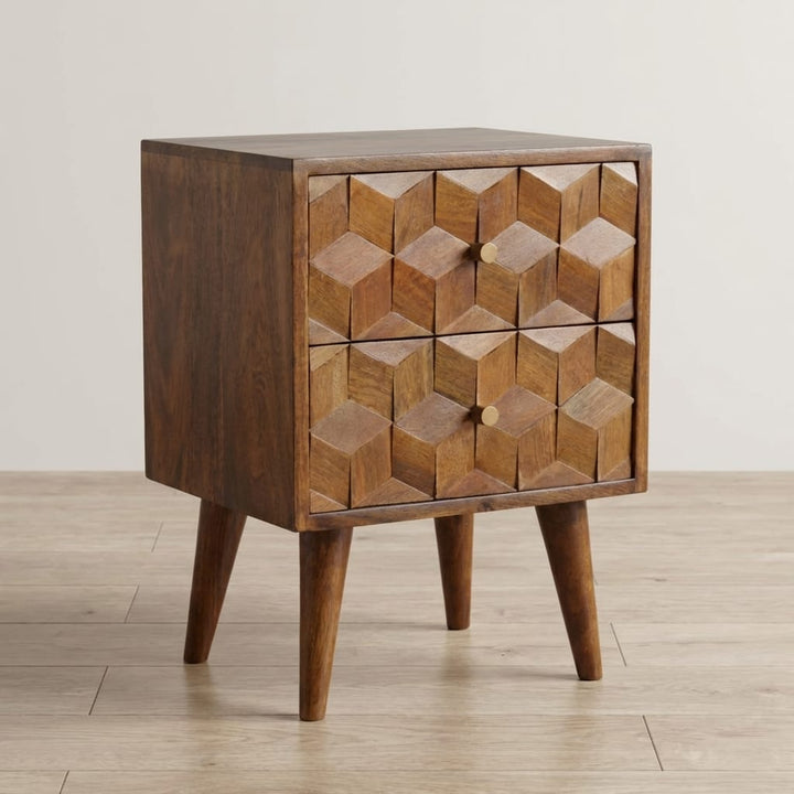 Chestnut Cube Carved Nightstand - Solid Mango Wood Bedside Table for Bedroom - main view showing handcrafted solid mango...