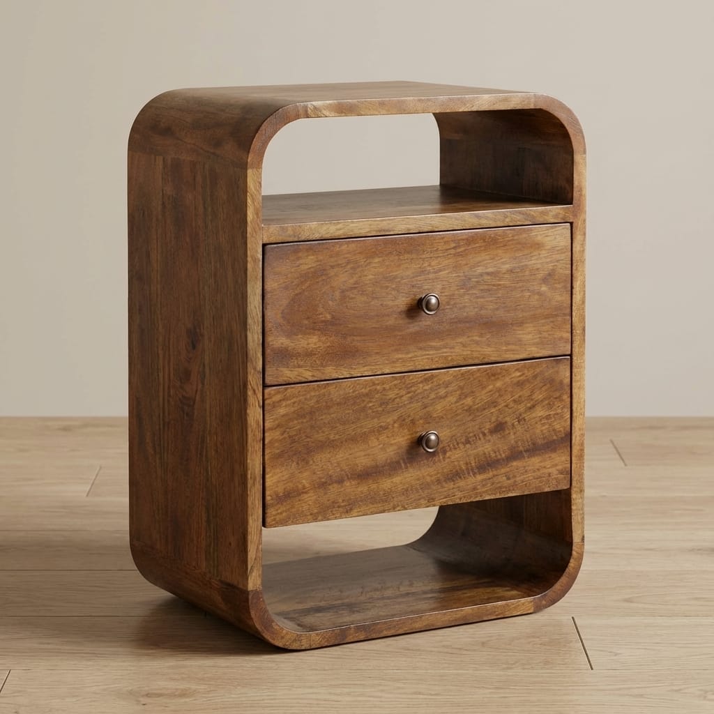 Chestnut Curve 2 Drawer Nightstand - Solid Mango Wood Bedside Table for Bedroom - main view showing handcrafted solid...