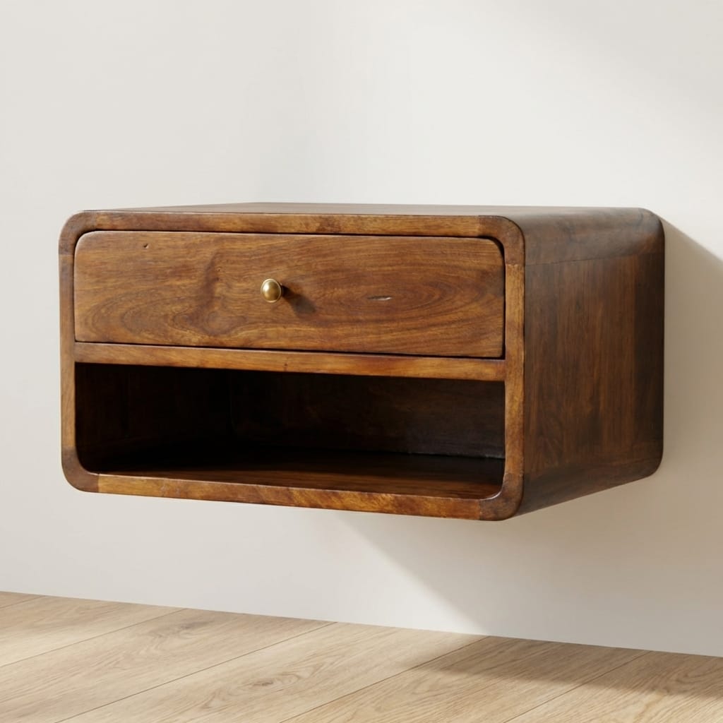 Chestnut Curve Floating Nightstand - Solid Mango Wood Bedside Table for Bedroom - main view showing handcrafted solid...