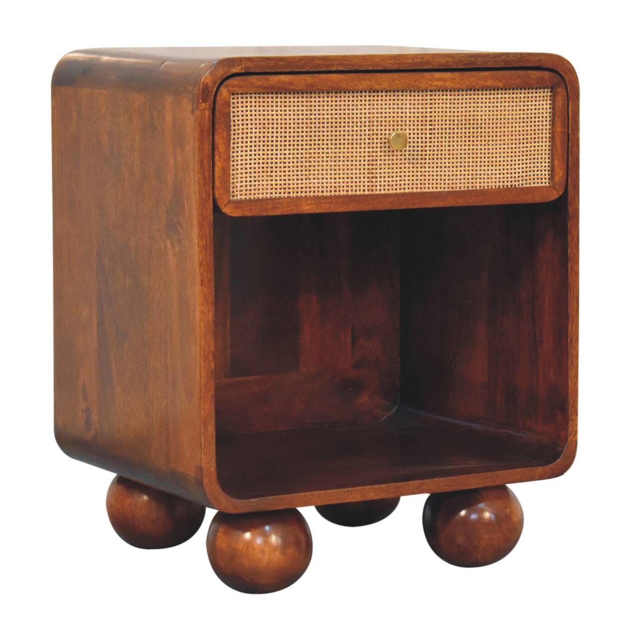 Chestnut Open Woven Nightstand - Solid Mango Wood Bedside Table for Bedroom - product view 3 showing handcrafted solid...