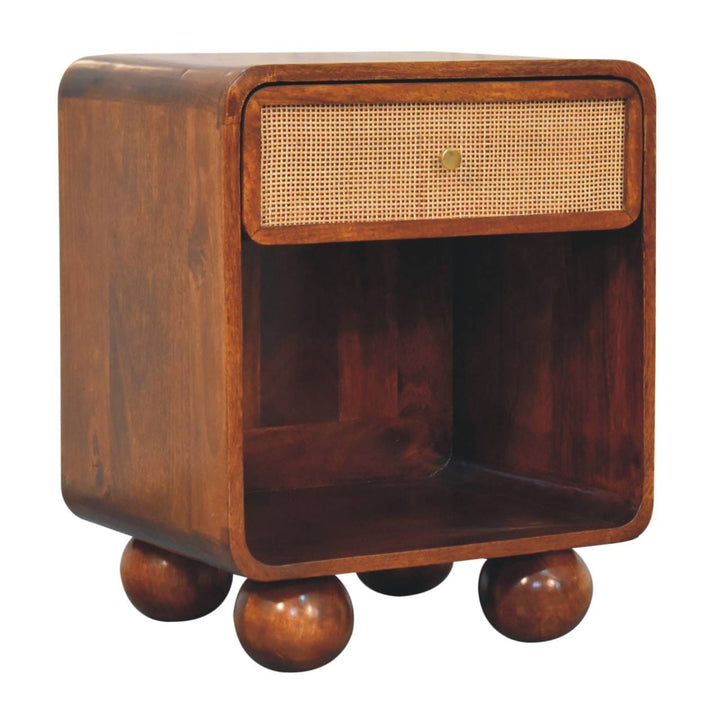 Chestnut Open Woven Nightstand - Solid Mango Wood Bedside Table for Bedroom - product view 3 showing handcrafted solid...
