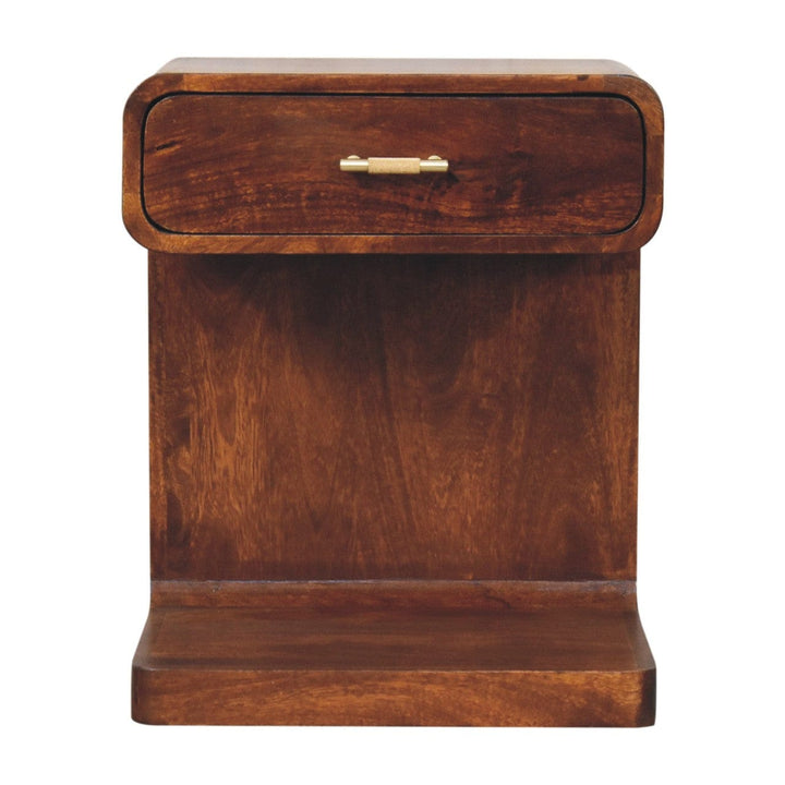 Chestnut T-Bar Rounded Nightstand - Solid Mango Wood Bedside Table for Bedroom - product view 2 showing handcrafted solid...