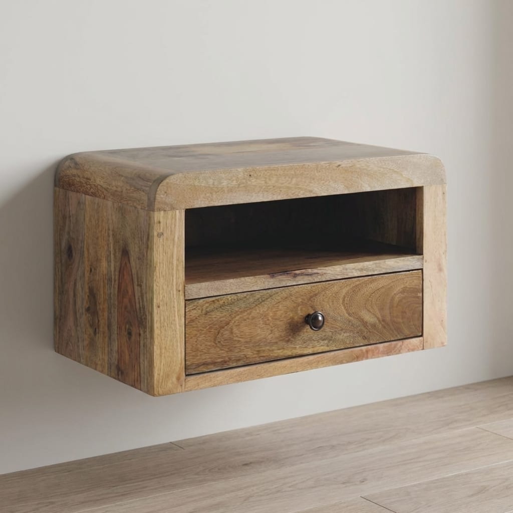 Chunky Oak-ish Floating Nightstand - Solid Mango Wood Bedside Table for Bedroom - main view showing handcrafted solid...