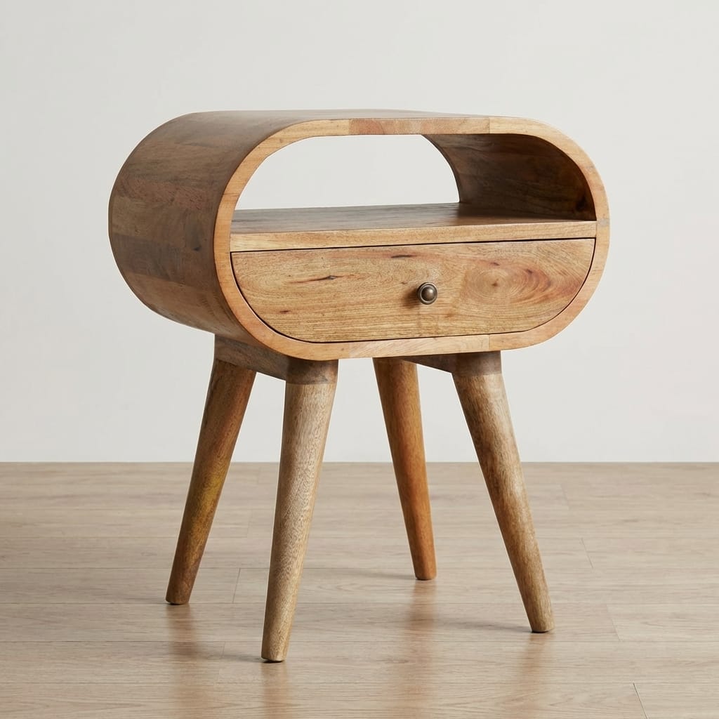 Circular Open Slot Nightstand - Solid Mango Wood Bedside Table for Bedroom - main view showing handcrafted solid mango...