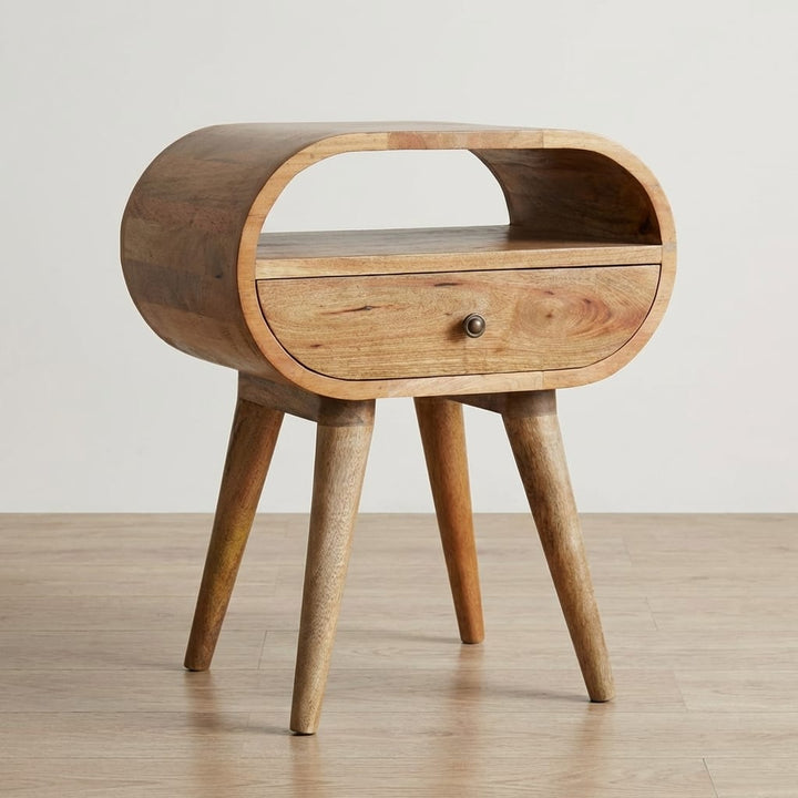 Circular Open Slot Nightstand - Solid Mango Wood Bedside Table for Bedroom - main view showing handcrafted solid mango...