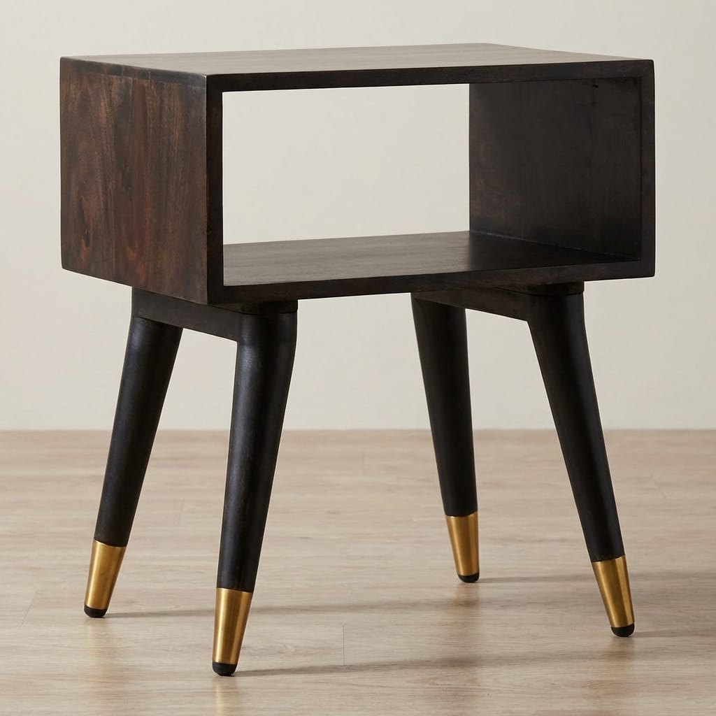 Classic Mid-Century Open Nightstand - Solid Mango Wood Bedside Table for Bedroom - main view showing handcrafted solid...
