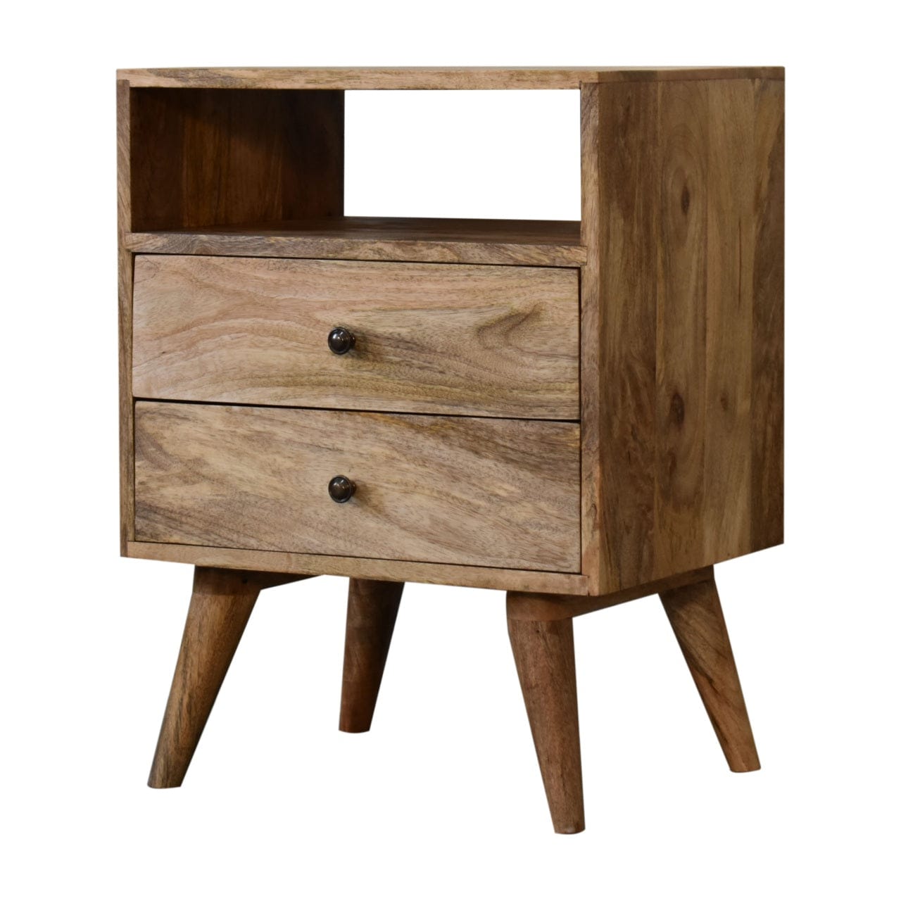 Classic Oak-ish Nightstand - Solid Mango Wood Bedside Table for Bedroom - product view 3 showing handcrafted solid mango...