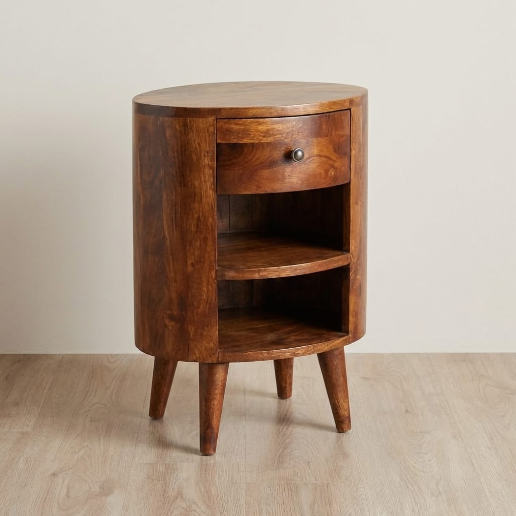 Cortez Chestnut Nightstand - Solid Mango Wood Bedside Table for Bedroom - main view showing handcrafted solid mango wood...