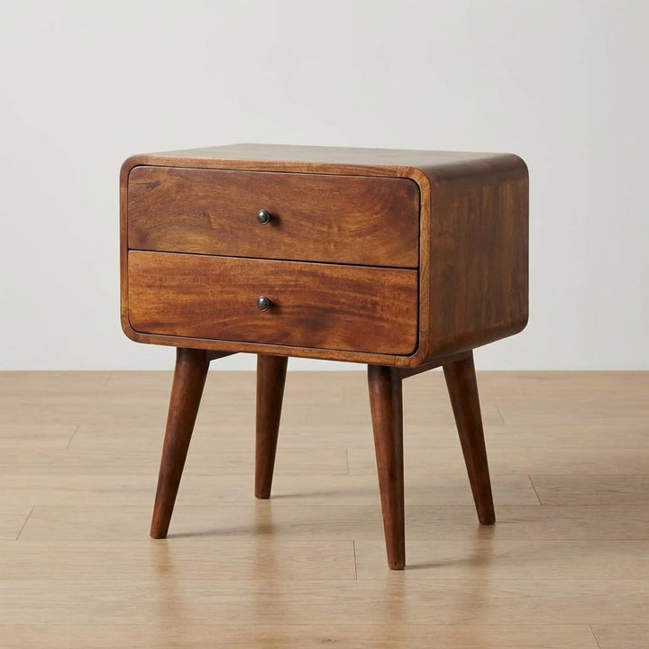 Curved Chestnut Nightstand - Solid Mango Wood Bedside Table for Bedroom - main view showing handcrafted solid mango wood...