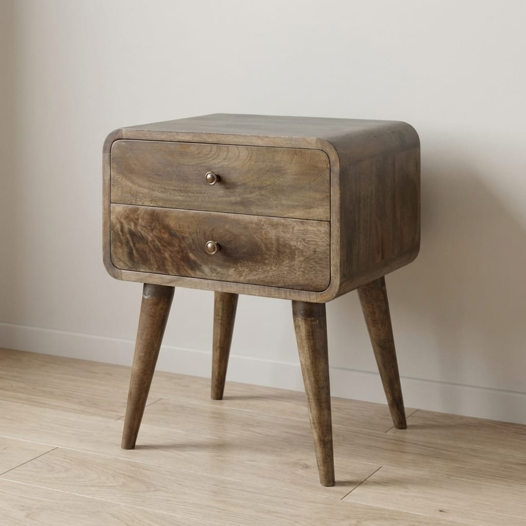 Curved Classic Grey Washed Nightstand - Solid Mango Wood Bedside Table for Bedroom - main view showing handcrafted solid...