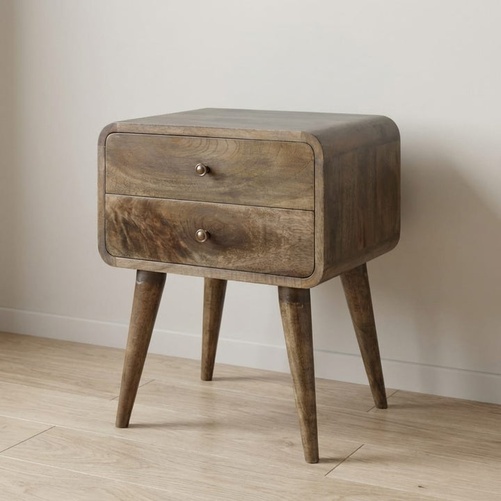 Curved Classic Grey Washed Nightstand - Solid Mango Wood Bedside Table for Bedroom - main view showing handcrafted solid...
