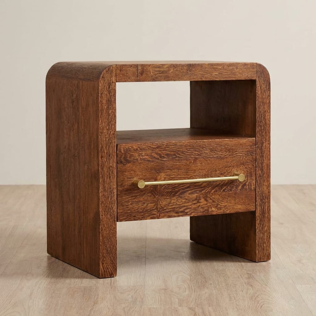 Curved Edge Nightstand - Solid Mango Wood Bedside Table for Bedroom - main view showing handcrafted solid mango wood...